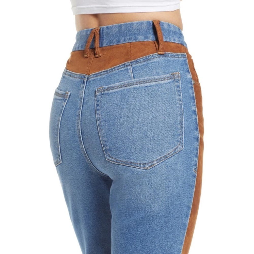 Nwt Good American Icon Mixed Media Denim & Faux Suede Pants In Indigo Western - Picture 4 of 11